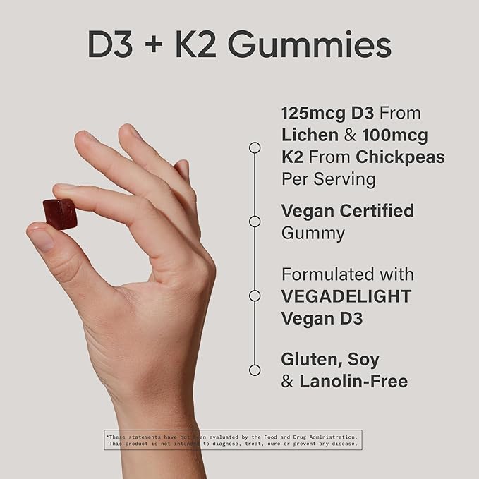 Sports Research® Vegan Vitamin D3 + K2 Gummy Supplements - 5000iu Vitamin D with 100mcg Mk7 Vitamin K - Supports Calcium for Stronger Bones & Immune Health - 60 Gummies for Adults, for Women, 1 Month
