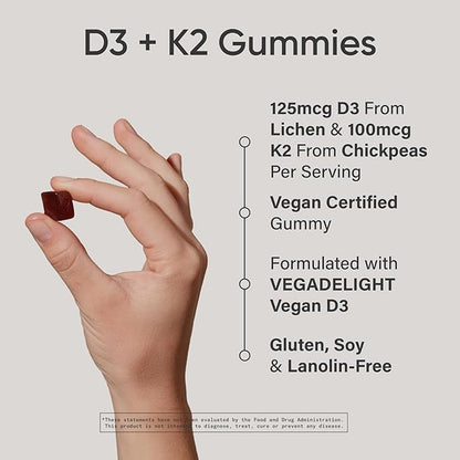 Sports Research® Vegan Vitamin D3 + K2 Gummy Supplements - 5000iu Vitamin D with 100mcg Mk7 Vitamin K - Supports Calcium for Stronger Bones & Immune Health - 60 Gummies for Adults, for Women, 1 Month