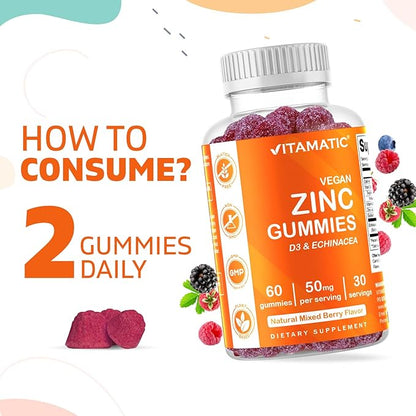Vitamatic Zinc 50mg Gummies – 60 Vegan Gummies – Gluten-Free – 2 Pack (120 Gummies Total)