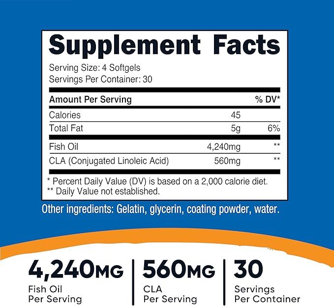 Nutricost Fish Oil with CLA (120 Softgels) - 4240mg Fish Oil and 560mg Conjugated Linoleic Acid Per Serving, GMO-Free, Gluten Free, 30 Servings