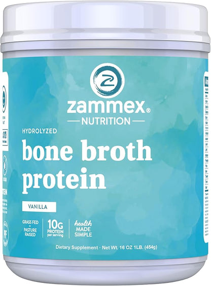 Zammex Bone Broth Protein Powder, Pure Grass Fed Beef, Vanilla Protein Powder,Hydrolyzed Collagen Supplement for Healthy Skin,Nails,Hair,Joints, Non-GMO,Gluten Free, Great in Shakes