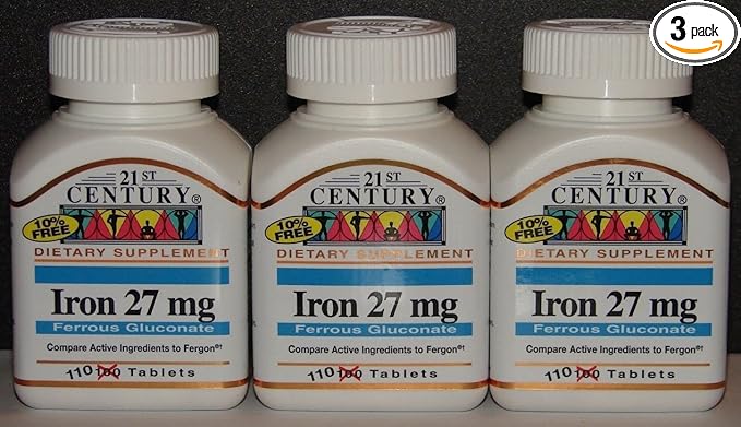 21st Century Iron 27mg Ferrous Gluconate (Compare to Fergon) 100ct Bottle -3 Pack (3)