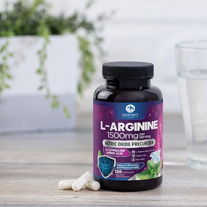 L-Arginine 1000mg Supplement Supports Heart Health - Premium Muscle Supporting Nitric Booster for Strength & Energy to Train Harder - Nature's Non-GMO, Gluten-Free Amino Acid Blend - 120 Capsules