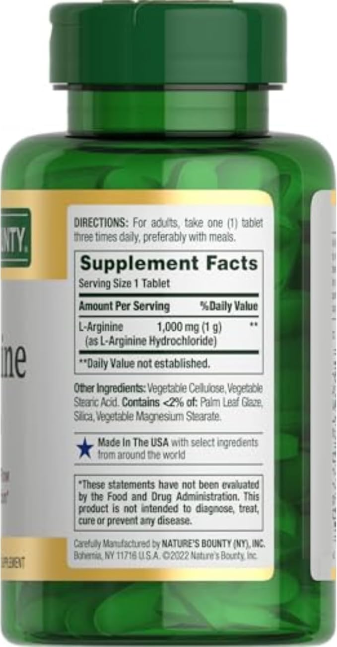 Nature's Bounty L-Arginine 1000mg for Supporting Blood Flow and Vascular Function – Non-GMO, Gluten Free, 50 Tablets (Pack of 2)