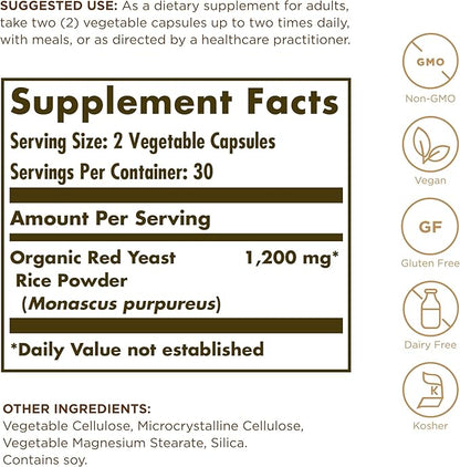 Solgar Red Yeast Rice 600 mg - 60 Vegetable Capsules - Non-GMO, Vegan, Gluten Free, Dairy Free, Kosher - 30 Servings