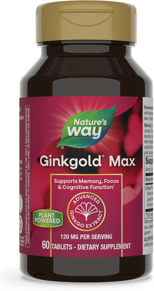 Nature's Way Ginkgold Max Advanced Ginkgo Extract, Supports Memory, Focus, and Concentration, and Cognitive Function*, Gluten free, Vegan, 60 Vegan Tablets (Packaging May Vary)