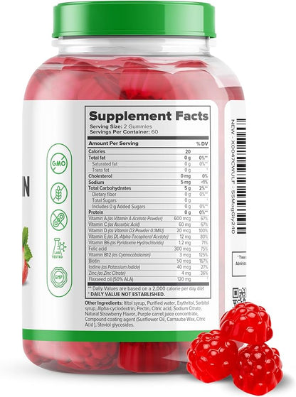 Sugar Free Multivitamin Gummies, 120 Gummies – Naturally Flavored and Sweetened Vitamin Gummy for Women and Kids – Strawberry Flavor