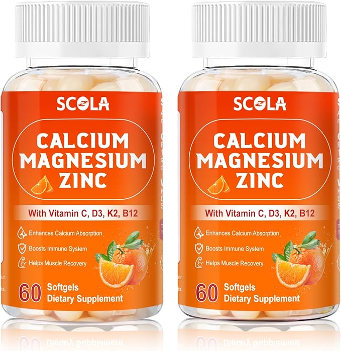 Calcium Magnesium Zinc Supplement with Vitamin C D3 B12 K2, 1000mg Calcium, 400mg Magnesium for Immune Energy Support, Bone Health and Muscle Function Softgels, 120 Count