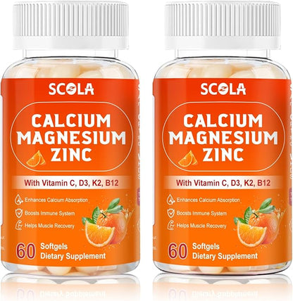 Calcium Magnesium Zinc Supplement with Vitamin C D3 B12 K2, 1000mg Calcium, 400mg Magnesium for Immune Energy Support, Bone Health and Muscle Function Softgels, 120 Count