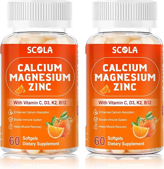 Calcium Magnesium Zinc Supplement with Vitamin C D3 B12 K2, 1000mg Calcium, 400mg Magnesium for Immune Energy Support, Bone Health and Muscle Function Softgels, 120 Count