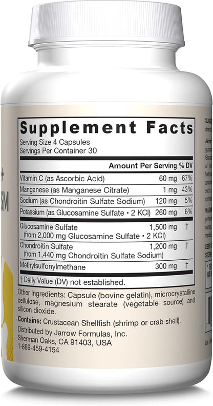 Jarrow Formulas® Glucosamine + Chondroitin + MSM Capsules, Joint Support Supplement with Vitamin C and Manganese, 30 Capsules, 120 Day Supply