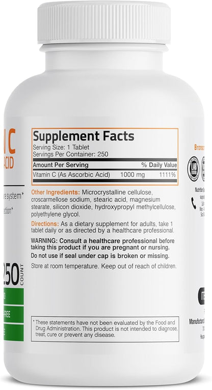 Bronson Vitamin C 1000mg Premium Non-GMO Ascorbic Acid Tablets, 250 Count