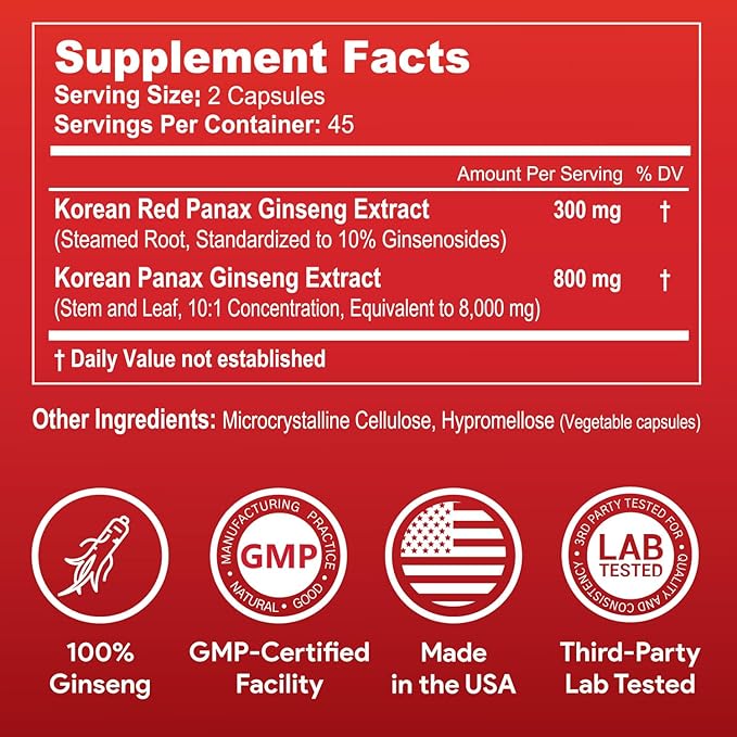 Panax Ginseng Korean-Red 8,300mg per Day, 10% Ginsenosides, Non-GMO, Vegan, Gluten-Free, Soy-Free, and Dairy-Free, 90 Veggie Capsules