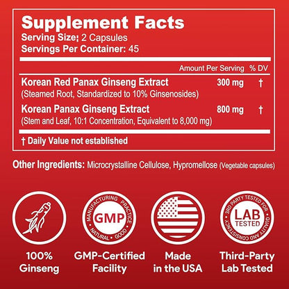 Panax Ginseng Korean-Red 8,300mg per Day, 10% Ginsenosides, Non-GMO, Vegan, Gluten-Free, Soy-Free, and Dairy-Free, 90 Veggie Capsules