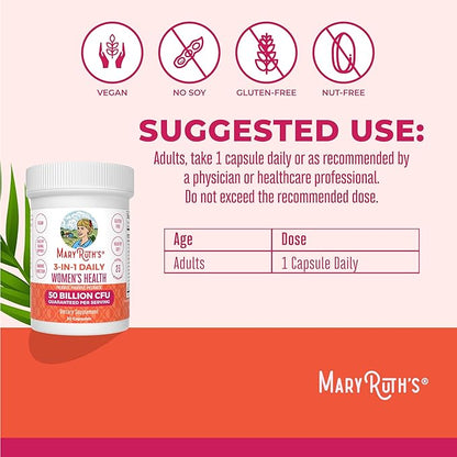 MaryRuth Organics 3-in-1 Daily Health Probiotics for Women | Clinically Tested | Hormone Support & Gut Health Supplement | 50 Billion CFU | Allergen Free | 30 ct