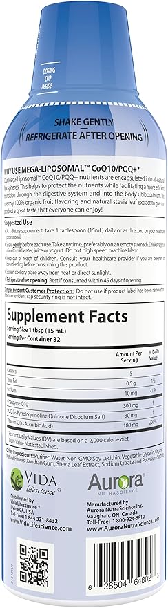 Aurora Nutrascience Mega-Liposomal CoQ10, PQQ & Vitamin C, Energy and Cellular Support, Gluten Free, Non-GMO, Sugar Free, Strawberry, 32 Servings, 16 fl oz