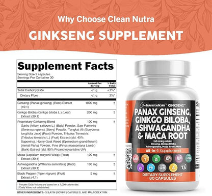 Clean Nutraceuticals Panax Ginseng Ginkgo Biloba Ashwagandha Maca Root - Focus Supplement Pills for Women and Men with Pine Bark Extract, Garlic, and Saw Palmetto - 60 Caps
