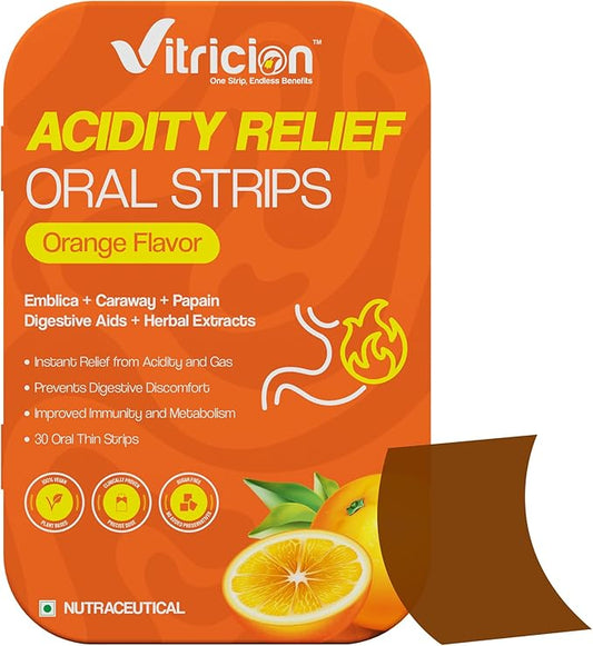 Acidity Relief Oral Strips – 30 Strips – Fast-Dissolving Supplement for Acid Reflux, Bloating & Gas – Natural Digestive Support for Men & Women – Orange Flavor