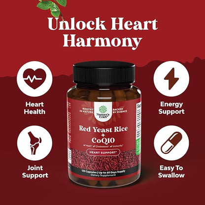 Natures Craft Red Yeast Rice with CoQ10 Supplement - Advanced Healthy Heart Formula for Men & Women - Extra Strength Capsule with 1200 mg per Serving - Vegan & Non-GMO - 120 Count