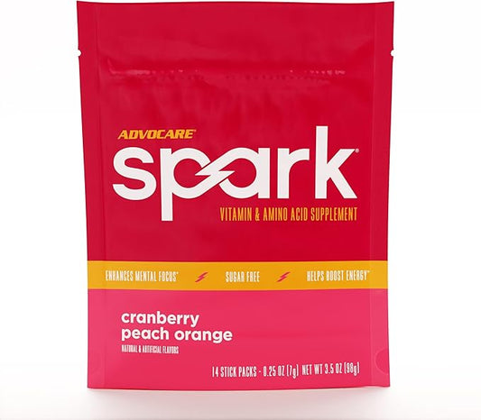 AdvoCare Spark Vitamin & Amino Acid Supplement - Focus & Energy Drink Powder Mix with Vitamin A, B-6, C & E - Also Includes L-Carnitine & L-Tyrosine - Cranberry Peach Orange, 14 Stick Packs