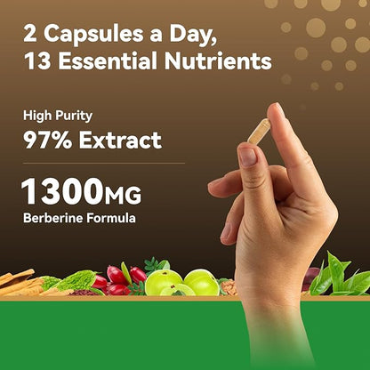 Berberine 1300mg with Green Tea Extract, Resveratrol, Red Yeast Rice & CoQ10 – 13-in-1 Immune Health, Natural Metabolic Support – 60 Capsules – Non-GMO, Lab Tested