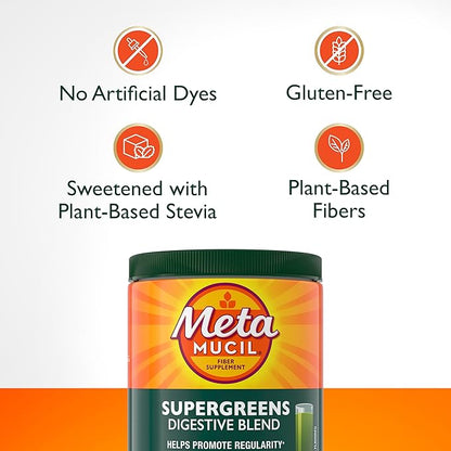 Metamucil Greens SuperFood Powder Fiber Supplement for Digestive Health* and Regularity*, Gluten Free Plant-Based Stevia, Great Taste Kiwi Apple Flavored, 3g Dietary Fiber per Serving, 42 Servings