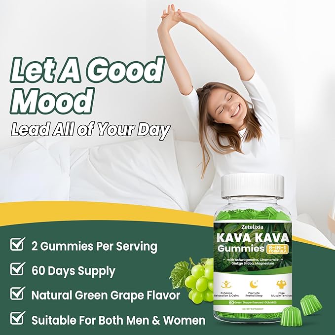 2 Pack Kava Kava Gummies, Kava Kava Root Extract Supplement with Kavalactones, Calm Gummies for Stress Relief & Better Sleep, Melatonin Free, Sugar Free, Vegan, Non-GMO, Green Grape Flavor, 120 count