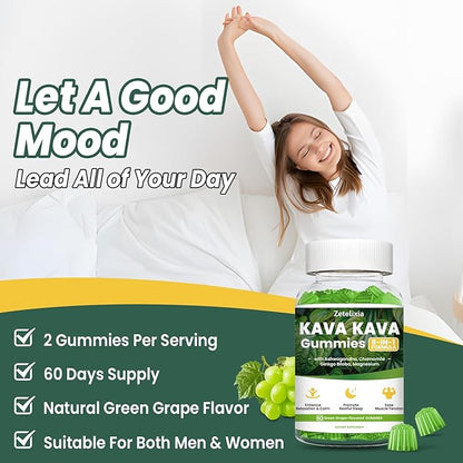2 Pack Kava Kava Gummies, Kava Kava Root Extract Supplement with Kavalactones, Calm Gummies for Stress Relief & Better Sleep, Melatonin Free, Sugar Free, Vegan, Non-GMO, Green Grape Flavor, 120 count