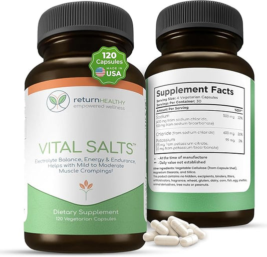 Vital Salts, Electrolyte Salts for Energy and Endurance, Sodium Chloride, Electrolyte Supplements, Blood Pressure Support Supplement, Muscle Cramps Relief, 120 Salt Capsules - Return Healthy