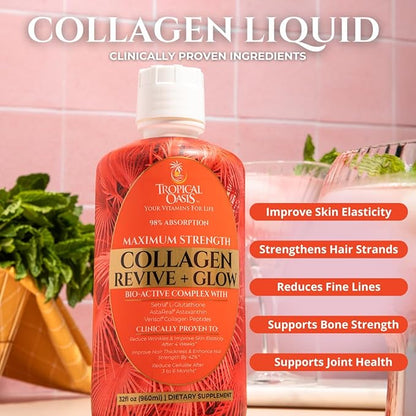 Liquid Collagen Glow for Women & Men– 5000mg VERISOL Hydrolyzed Collagen Peptides + Biotin | Supports Skin Elasticity, Hair Growth, Strong Nails | Clinically Studied Ingredients| 32 Serv