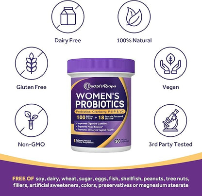 Doctor's Recipes Probiotics for Women, 100 Billion CFU, 18 Probiotic Strains, Prebiotics, Cranberry, P-5-P & VC, Vaginal, Digestive, Mood, Urinary Tract Health, Shelf-Stable, 30 Vegan Caps