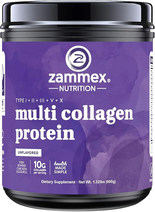 Zammex Multi Collagen Peptides, 5 Types of Hydrolyzed Collagen Unflavored Protein Powder, 60 Serving, Premium Grass-Fed Beef, Chicken, Wild Fish, Eggshell, Keto & Paleo Friendly, Easy Mix