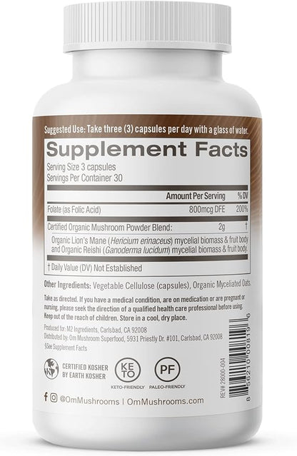 OM MUSHROOM SUPERFOOD Brain Fuel Mushroom Powder Capsules Superfood Supplement, 90 Count, 30 Days, Lion's Mane, Reishi Blend Plus Folate, Mental Clarity, Mushroom Supplement