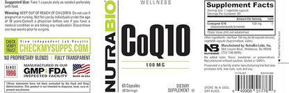 NutraBio CoQ10 Dietary Supplement, Healthy Heart Function & Cellular Energy Production, 100mg - 60 Capsules