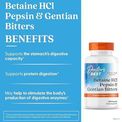 Doctor's Best Betaine HCI Pepsin & Gentian Bitters, Digestive Enzymes for Protein Breakdown & Absorption, Non-GMO, Gluten Free, 360 Count (Pack of 1)