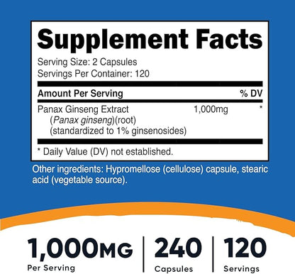 Nutricost Panax Ginseng 1000mg, 240 Capsules, 3 Bottles - Non GMO, Gluten Free, 120 Servings