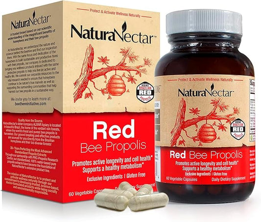 NaturaNectar - Red Bee Propolis Capsules - NSF Contents Certified Premium Brazilian Propolis - Gluten-Free Supplements with More Diverse Flavonoids & PWE - Sourced Through Ethical Beekeeping (60pcs.)