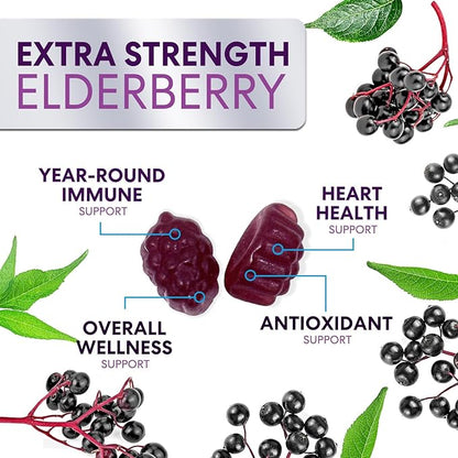 Sambucus Elderberry Immune Gummies, Daily Elderberry Immune Support Vitamins with Vitamin C, Vitamin D3, Zinc, Immune Support Gummy Vitamin Supplement, Black Elder berry for Adult & Kid - 60 Gummies