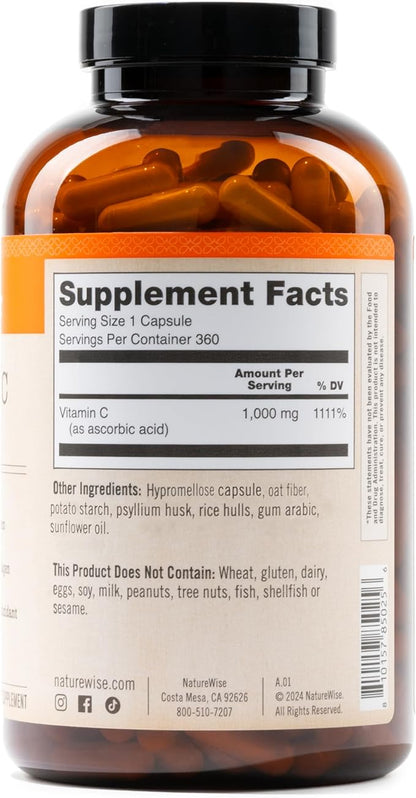 NatureWise Vitamin C 1000mg Capsules - Extra Strength Vegan Vitamin C for Daily Antioxidant & Immune Support - Non-GMO, USA Manufactured - 360 Capsules[360-Day Supply]