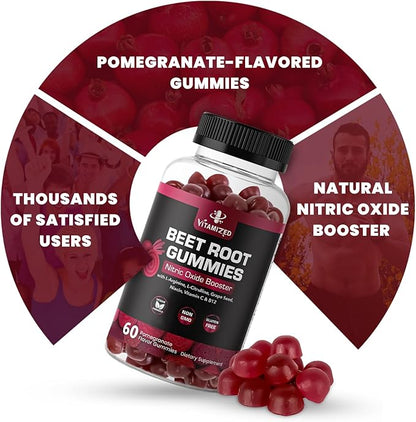 Beet Root Gummies - Super Nitric Oxide Beets Supplement - Red Beetroot Heart Chews with Grape Seed Power & B12- Pomegranate Flavor, 60 Chewables Beets