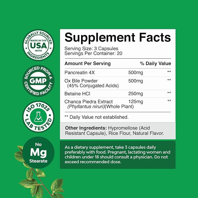 Ox Bile Salts for Gallbladder Support - Purified Bile Salts Supplement with Pancreatin Digestive Enzymes Ox & Betaine HCL - Supplements for No Gallbladder & Digestive Health 20 Days