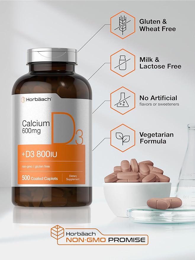 Horbäach Calcium Supplement with Vitamin D3 | 600 mg | 500 Coated Caplets | Non-GMO and Gluten Free