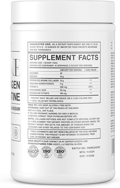 Collatine - Premium Collagen Peptides + Creatine with Vitamin C, Hyaluronic Acid and Magnesium for Skin, Hair, Nails, Bone & Joint, Muscle, Immune and Cognitive Aid (1.1 LB (500 G/17.6 OZ)