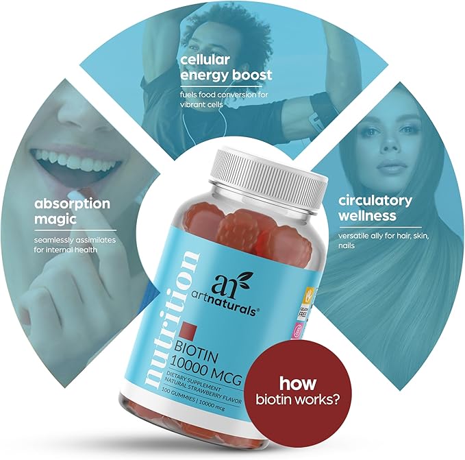 Artnaturals Biotin Gummies for Hair Growth - (100 Gummies - 10000mcg) - Natural Strawberry Vitamins Supports Nails and Skin - Gelatin, Gluten, Nut and Egg Free