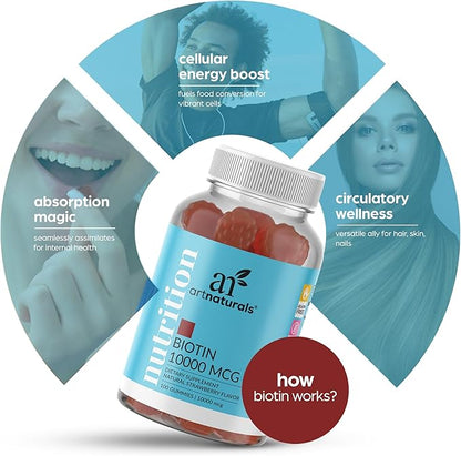 Artnaturals Biotin Gummies for Hair Growth - (100 Gummies - 10000mcg) - Natural Strawberry Vitamins Supports Nails and Skin - Gelatin, Gluten, Nut and Egg Free