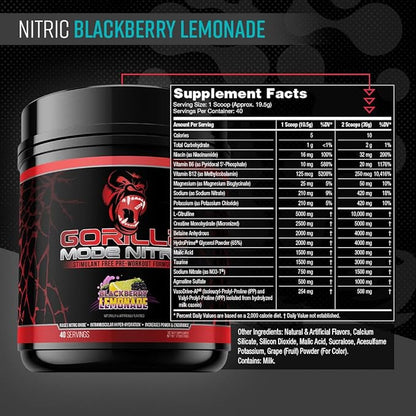 Gorilla Mode Nitric Upgraded Stimulant Free Pre-Workout – Best Tasting and Most Effective Stimulant Free Pre-Workout/Massive Pumps · Vasodilation · Power / 780 Grams (BlackBerry Lemonade)