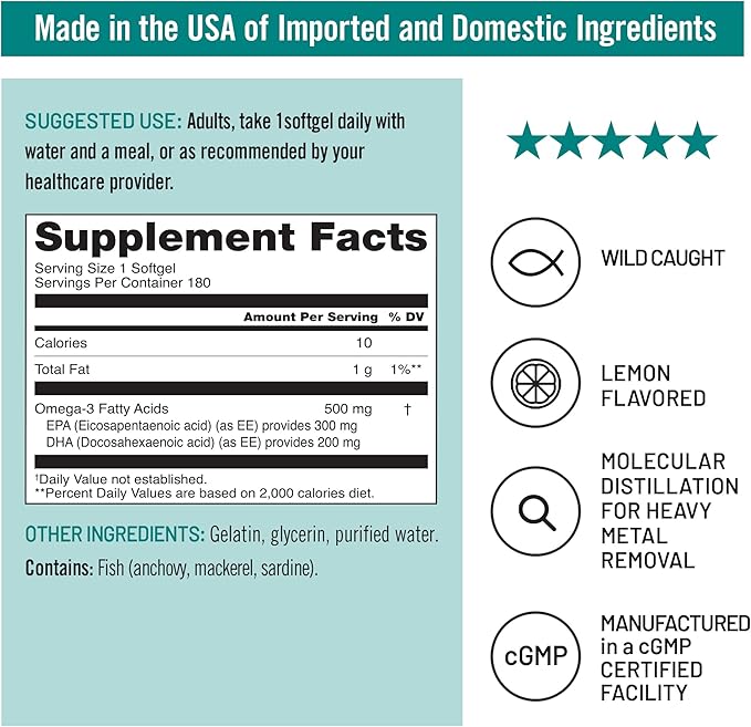 NatureWise Omega 3 Fish Oil - 500 mg per Pill - EPA & DHA - Immune Support, Brain Health & Optimal Wellness - Gluten and Soy Free, Non-GMO - 180 Softgels[6-Month Supply]