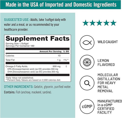 NatureWise Omega 3 Fish Oil - 500 mg per Pill - EPA & DHA - Immune Support, Brain Health & Optimal Wellness - Gluten and Soy Free, Non-GMO - 180 Softgels[6-Month Supply]