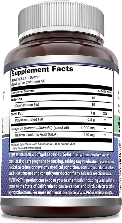 Amazing Formulas Borage Oil Supplement | 2000 Mg Per Serving | Softgels | Non-GMO | Gluten-Free | Made in USA (1 Pack, 90 Count)