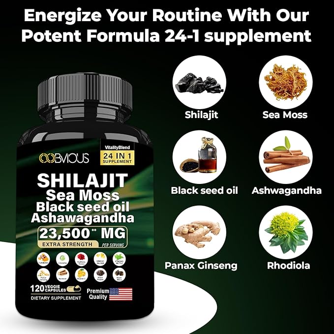 24-in-1 Himalayan Shilajit W/Ashwagandha, Black Seed Oil, Rhodiola Rosea, Panax Ginseng, Sea Moss, Ginkgo Biloba, Stinging Nettle, Turmeric, Cordyceps Mushroom — 120 Capsules, 60-Day Supply